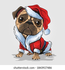 Christmas pug dog wearing Santa claus costum