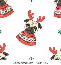 Patrón sin fisuras de Pug de Navidad