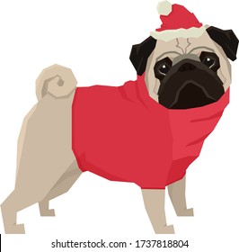 Christmas Pug Flat vector illustration Isolated objects set