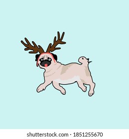 Christmas pug jumping. Pug with false antlers