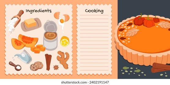 Christmas pumpkin Pie Recipe cards. Ingredients for making traditional American cake. Hand drawn baking ingredients set. Cute home menu. Cartoon vector illustration.