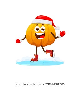 Christmas pumpkin in Santa hat riding ice skates on winter holiday, vector cartoon character. Funny happy pumpkin vegetable skating on ice rink in mittens for New Year and Christmas holiday emoji