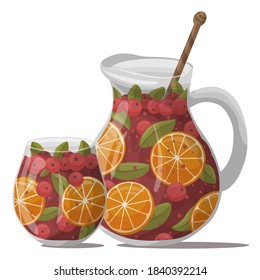 Christmas punch or sangria with cranberries, oranges and mint leaves. Winter drink isolated on white background. Vector illustration.