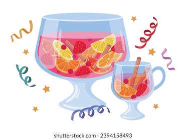Christmas punch. Winter holidays xmas beverage with citrus fruits and cinnamon spices flat vector illustration. Christmas punch in glass pitcher