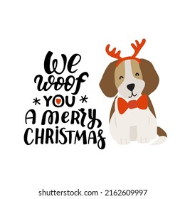 Christmas puppy beagle. Cute cartoon illustration with dog lovers quote. We woof you a Merry Christmas. Holidays design elment for greeting cards, stickers, t shirt, poster.