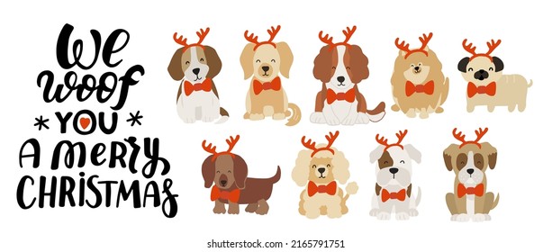 Christmas puppy beagle, gold retriever, labrador, pomeranian, poodle, pug, bulldog, boxer, dachshund, cocker spaniel. Cute cartoon holidays design dog lovers quote. We woof you a Merry Christmas