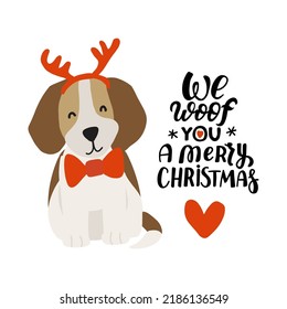 Christmas puppy beagle isolated. Cute cartoon illustration with dog lovers quote. We woof you a Merry Christmas. Holidays design elment for greeting cards, stickers, t shirt, poster.