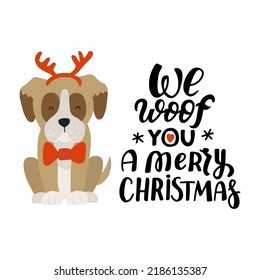 Christmas puppy boxer dog. Cute cartoon illustration with dog lovers quote. We woof you a Merry Christmas. Holidays design elment for greeting cards, stickers, t shirt, poster.