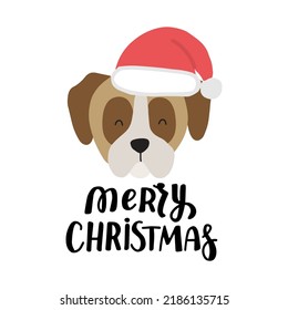 Christmas puppy boxer dog. Cute cartoon illustration with dog lovers quote. We woof you a Merry Christmas. Holidays design elment for greeting cards, stickers, t shirt, poster.