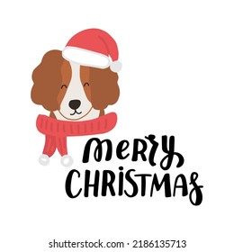 Christmas puppy cocker spaniel. Cute cartoon illustration with dog lovers quote. We woof you a Merry Christmas. Holidays design elment for greeting cards, stickers, t shirt, poster.