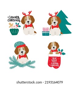 Christmas Puppy Dog Beagle. Merry Christmas For Dog Lover. Cute Cartoon Vector Illustration. Holidays Design Element For Greeting Cards, Stickers, T Shirt, Poster.