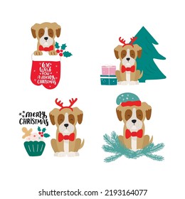 Christmas Puppy Dog Boxer. Merry Christmas For Dog Lover. Cute Cartoon Vector Illustration. Holidays Design Element For Greeting Cards, Stickers, T Shirt, Poster.