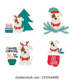 Christmas Puppy Dog Bulldog. Merry Christmas For Dog Lover. Cute Cartoon Vector Illustration. Holidays Design Element For Greeting Cards, Stickers, T Shirt, Poster.