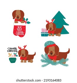 Christmas Puppy Dog Dachshund. Merry Christmas For Dog Lover. Cute Cartoon Vector Illustration. Holidays Design Element For Greeting Cards, Stickers, T Shirt, Poster.