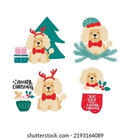 Christmas Puppy Dog Poodle. Merry Christmas For Dog Lover. Cute Cartoon Vector Illustration. Holidays Design Element For Greeting Cards, Stickers, T Shirt, Poster.