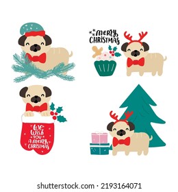 Christmas Puppy Dog Pug. Merry Christmas For Dog Lover. Cute Cartoon Vector Illustration. Holidays Design Element For Greeting Cards, Stickers, T Shirt, Poster.