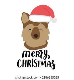 Christmas puppy german shepherd. Cute cartoon illustration with dog lovers quote. We woof you a Merry Christmas. Holidays design elment for greeting cards, stickers, t shirt, poster.