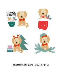 Christmas puppy labrador golden retriever. Cute cartoon illustration with dog lovers quote. We woof you a Merry Christmas. Holidays design elment for greeting cards, stickers, t shirt, poster.