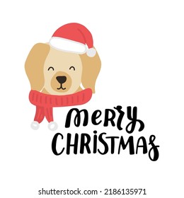 Christmas puppy labrador retriever. Cute cartoon illustration with dog lovers quote. We woof you a Merry Christmas. Holidays design elment for greeting cards, stickers, t shirt, poster.