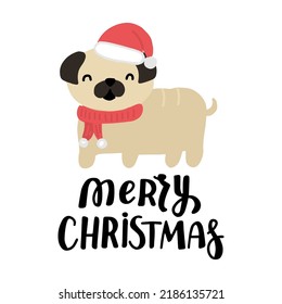 Christmas puppy pug dog. Cute cartoon illustration with dog lovers quote. We woof you a Merry Christmas. Holidays design elment for greeting cards, stickers, t shirt, poster.