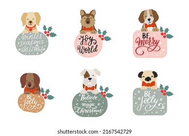 Christmas puppy set. Cute cartoon Christmas dogs illustration. Beagle, gold retriever, labrador, german shepherd, pug, bulldog, dachshund. Holidays wishes design tag elment, greeting cards