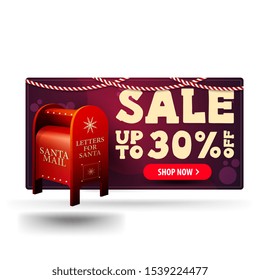 Christmas purple 3D discount banner with Santa letterbox with presents isolated on white background