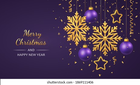Christmas purple background with hanging shining golden snowflakes, 3D metallic stars and balls. Merry christmas greeting card. Holiday Xmas and New Year poster, web banner. Vector Illustration.