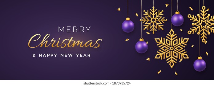 Christmas purple background with hanging shining golden snowflakes and balls. Merry christmas greeting card. Holiday Xmas and New Year poster, web banner, header website. Vector Illustration.