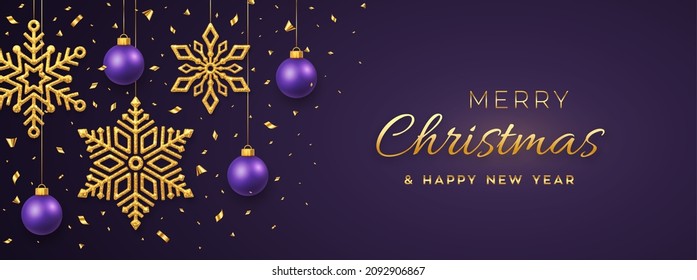 Christmas purple background with hanging shining golden snowflakes and balls. Merry christmas greeting card. Holiday Xmas and New Year poster, web banner, header website. Vector Illustration.