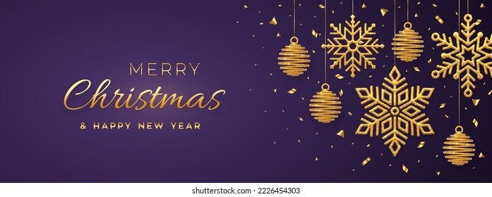 Christmas purple background with hanging shining golden snowflakes and balls. Merry christmas greeting card. Holiday Xmas and New Year poster, web banner. Vector Illustration.