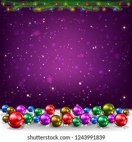 Christmas purple background with pine branches snowflakes and decorations