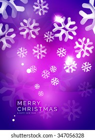 Christmas purple color abstract background with white transparent snowflakes. Holiday winter template, New Year layout