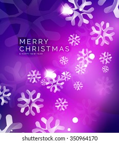 Christmas purple color abstract background with white transparent snowflakes. Holiday winter template, New Year layout