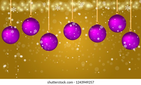 Christmas purple ornaments with snowflakes and golden sparkling lights background. Vector illustration. Template, Card, Invitation, Greetings, Announcement, Brochure, Winter Sales. 