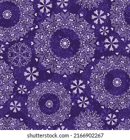 Christmas purple pattern with vintage snowflakes, stars, swirls, snowfall. Seamless texture. Vector eps 10