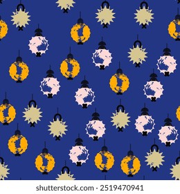 Christmas purple square seamless pattern with green, pink, yellow tree toys. Stylish background. Repeating vector design element for print