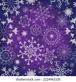 Christmas purple violet gradientn pattern with stylized lacy snowflakes. Seamless texture. Vector eps 10