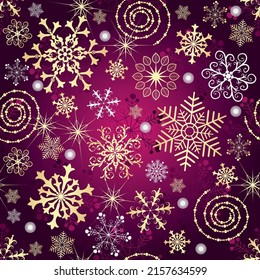 Christmas purplt pattern with stylized lacy golden snowflakes. Seamless texture. Vector eps 10