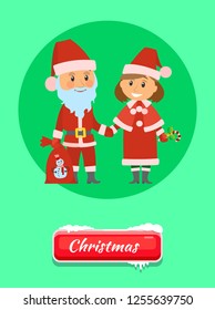 Christmas push button in snow, Santa Claus and Maiden in red holiday costumes. Mother and father changed to greet children. Sack with snowman, vector