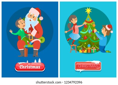 Christmas push buttons and vector cartoon Santa Claus listening to boys wishes and family father and daughter decorating pine tree with garlands on round backdrops