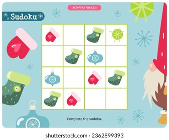 Christmas Puzzle game for children. Complete Christmas Sudoku. Vector illustration. Xmas objects in Sudoku for kids activity book.