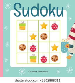 Christmas Puzzle game for children. Cute Christmas objects in Sudoku. Vector illustration. Xmas Gnomes Sudoku for kids activity book. Square page for Activity Book.