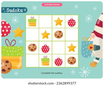 Christmas Puzzle game for children. Cute Christmas objects in Sudoku. Vector illustration. Xmas Gnomes Sudoku for kids activity book.