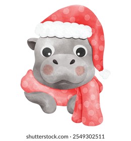 Christmas pygmy hippo. Moo Deng x Christmas. Baby hippopotamus. Hand drawn water color vector file.