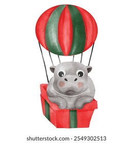 Christmas pygmy hippo. Moo Deng x Christmas. Baby hippopotamus. Hand drawn water color vector file.