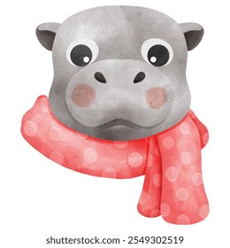 Hipopótamo pigmeu de Natal. Moo Deng x Natal. Bebê hipopótamo. Arquivo de vetor de cor de água desenhado à mão.