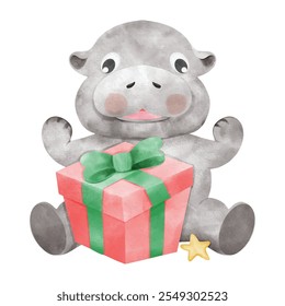 Hipopótamo pigmeu de Natal. Moo Deng x Natal. Bebê hipopótamo. Arquivo de vetor de cor de água desenhado à mão.
