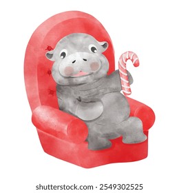 Christmas pygmy hippo. Moo Deng x Christmas. Baby hippopotamus. Hand drawn water color vector file.