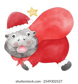 Christmas pygmy hippo. Moo Deng x Christmas. Baby hippopotamus. Hand drawn water color vector file.