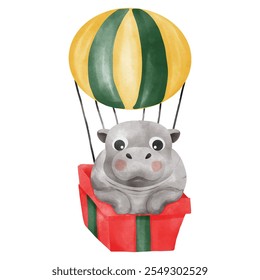 Christmas pygmy hippo. Moo Deng x Christmas. Baby hippopotamus. Hand drawn water color vector file.